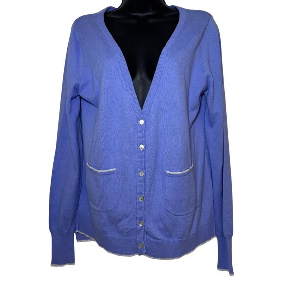 Fresh Produce Periwinkle Blue Cardigan Sweater White Trim Pockets Size M/L - Picture 3 of 7
